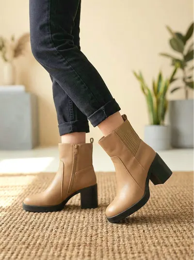 حذاء جلد بني بارتفاع كعب نسائي عصري